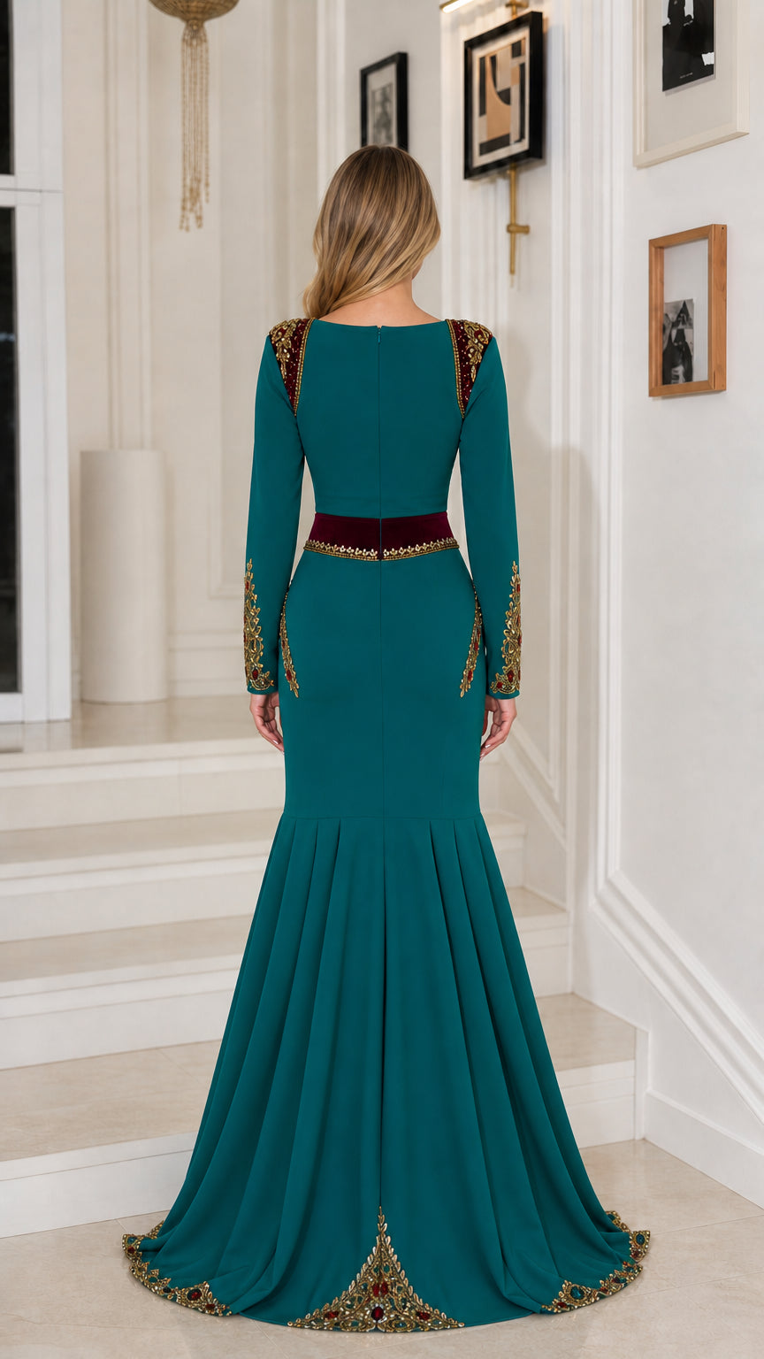 Back view of teal floor-length mermaid gown showing fit and train
