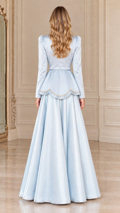 Back view of Ice Blue tailored long sleeve evening dress