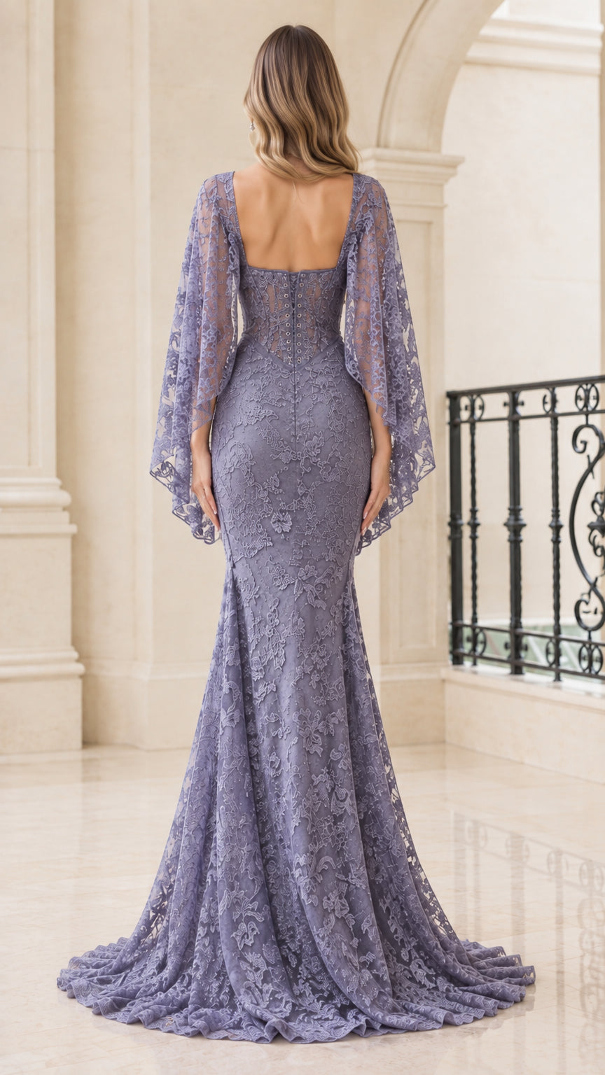 Back view of Dusty Lavender lace formal gown showing low back and sweep train