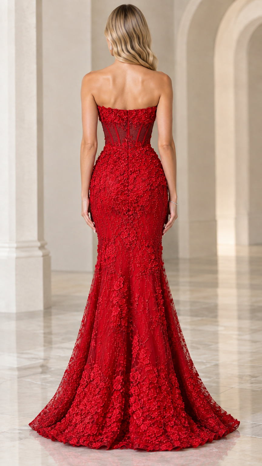 Back view of woman showcasing red strapless mermaid evening dress