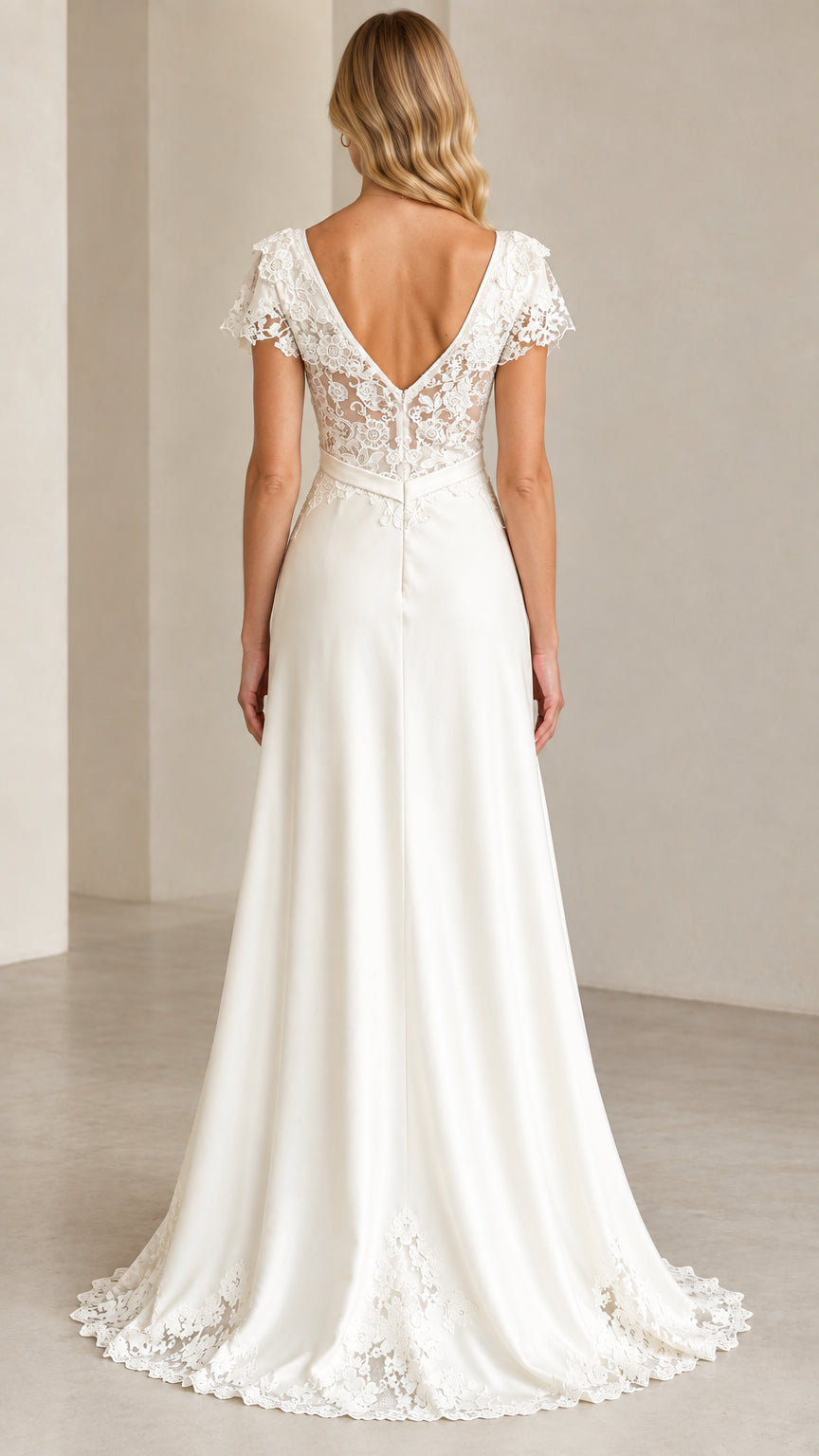 Back view of white maxi dress showing sheer lace V-back design
