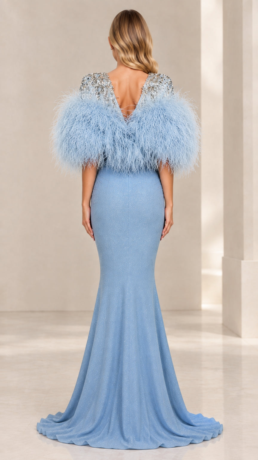 Back view of sky blue mermaid formal gown showing V-back design and train
