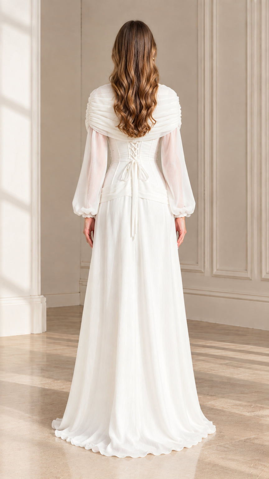 Back view of white maxi dress showing corset lace-up tie closure