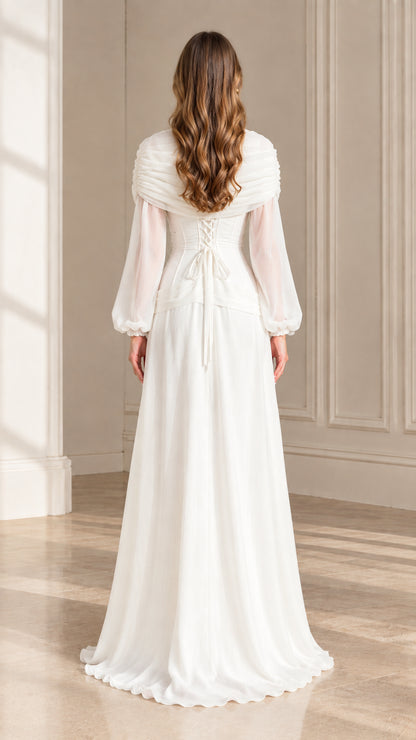 Back view of white maxi dress showing corset lace-up tie closure