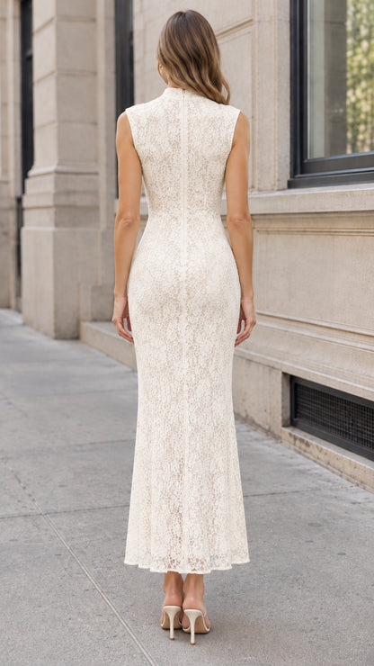 Back view of ivory lace evening dress showing back zipper and column silhouette