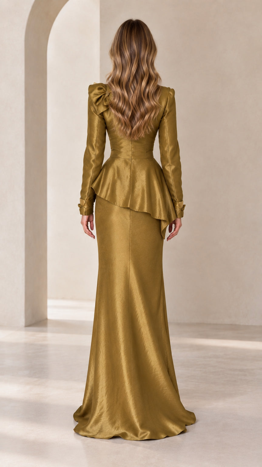 Antique Gold long sleeve formal gown back view