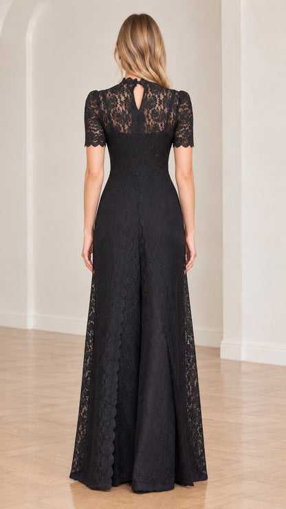 Back full-length view of black lace jumpsuit highlighting keyhole cutout detail