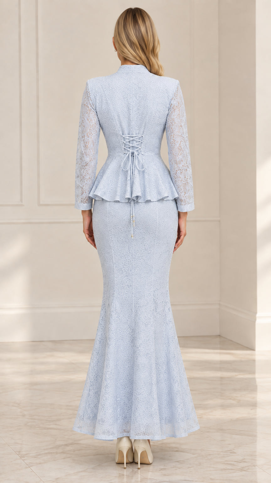 Back view of Light Blue lace formal suit showing peplum ruffle and lace-up back corset detail
