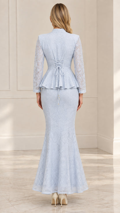 Back view of Light Blue lace formal suit showing peplum ruffle and lace-up back corset detail
