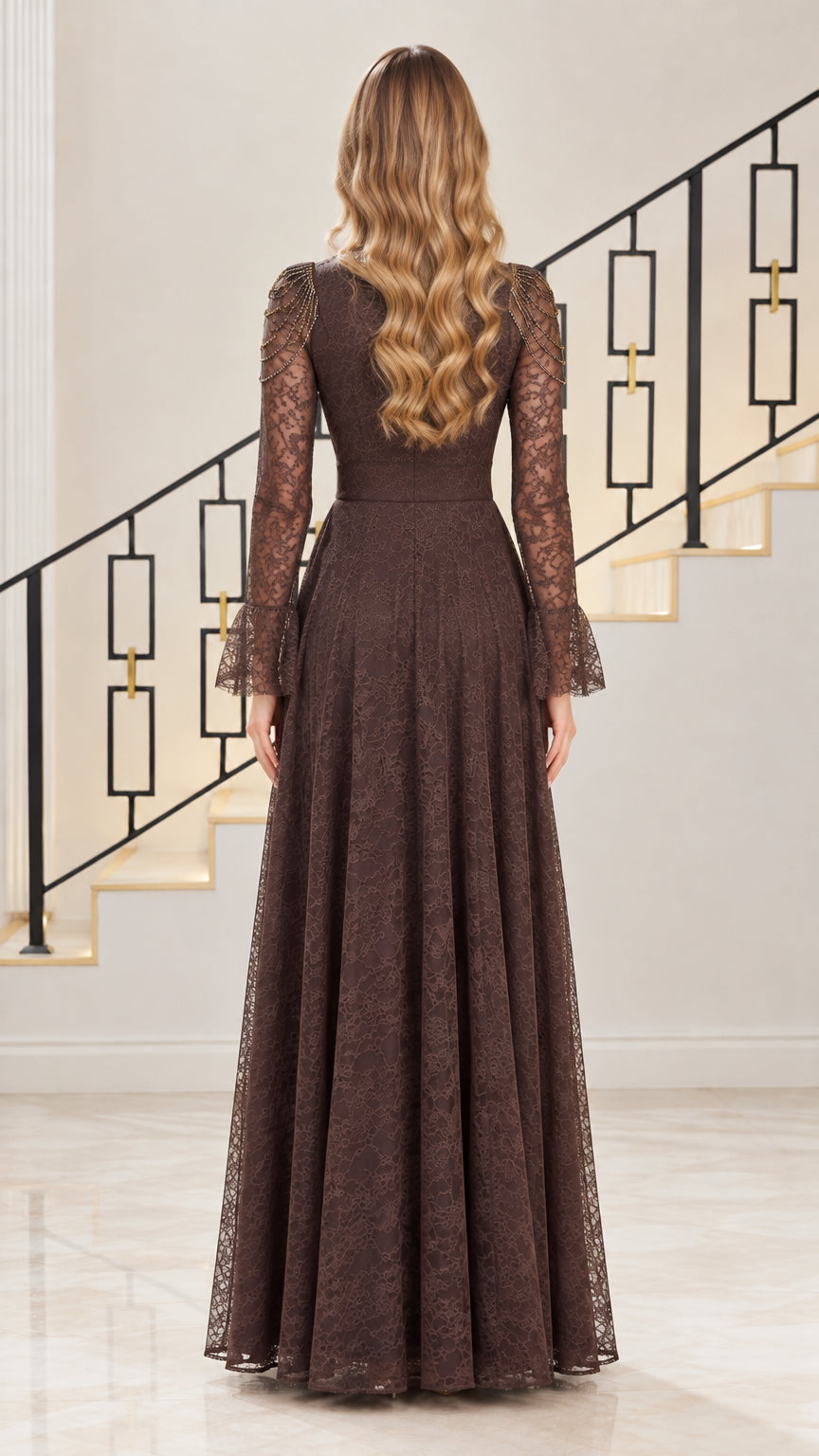 Back view of chocolate brown floor-length lace gown showing fit