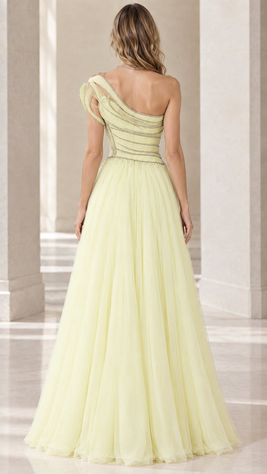 Back view of pastel yellow floor-length asymmetric tulle formal gown