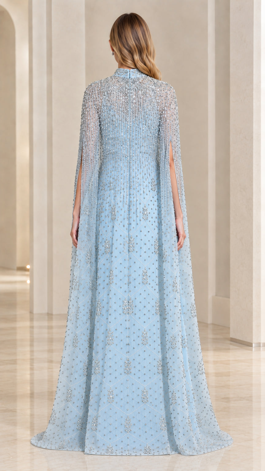 Back view of light blue high neck cape formal dress