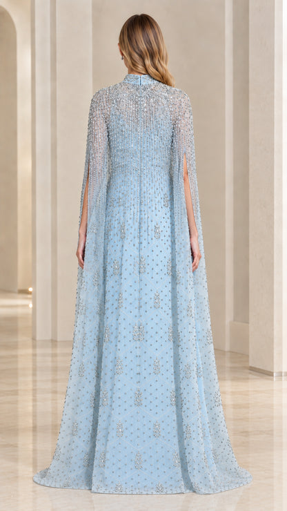 Back view of light blue high neck cape formal dress