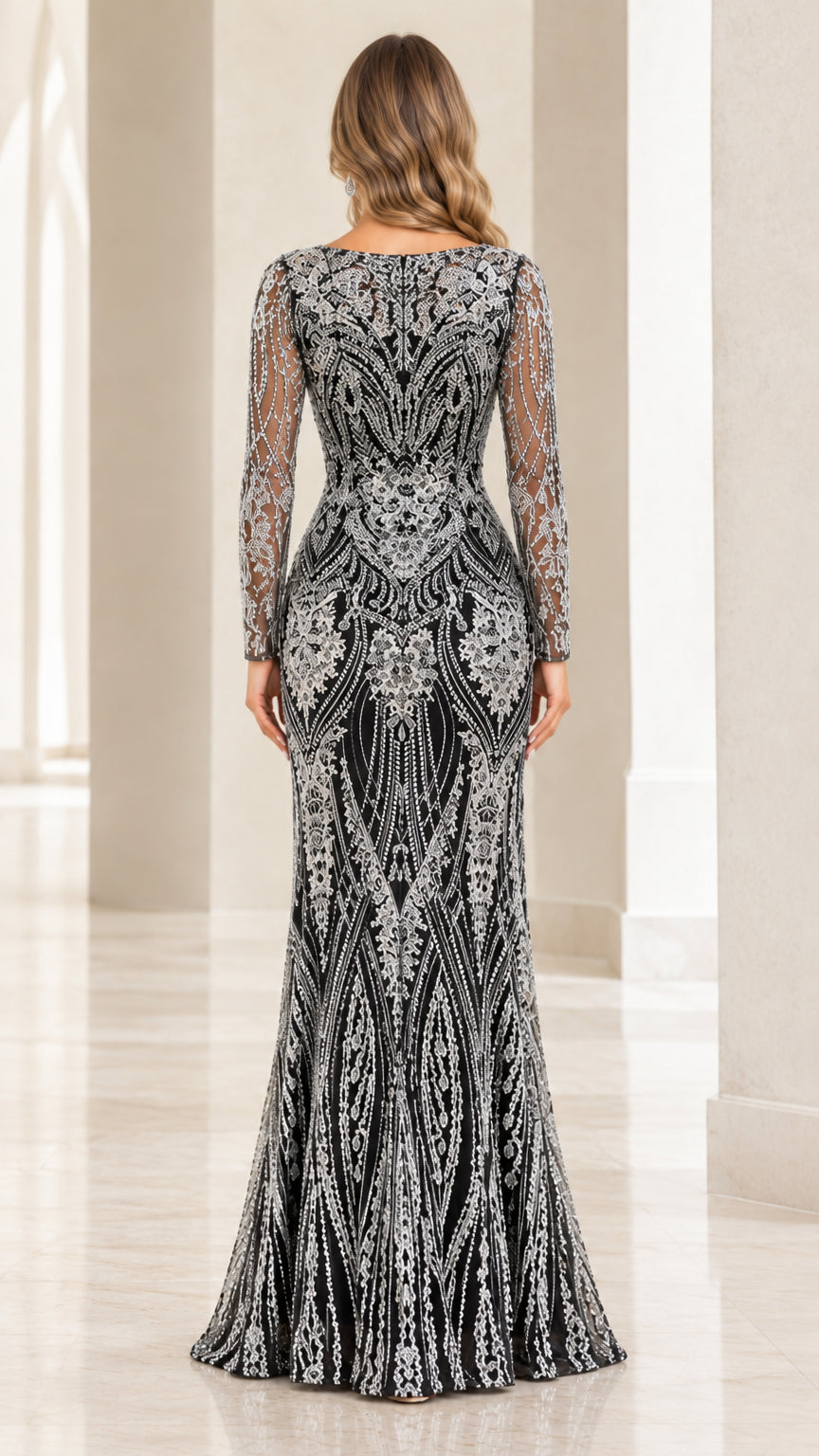 Back view of Black Silver sequined long sleeve evening gown