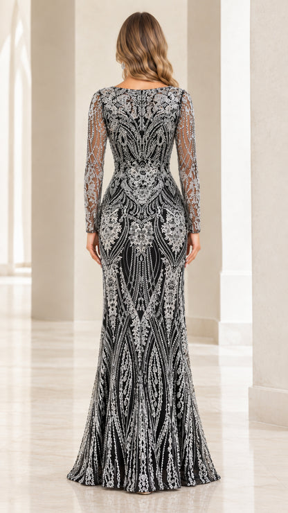 Back view of Black Silver sequined long sleeve evening gown