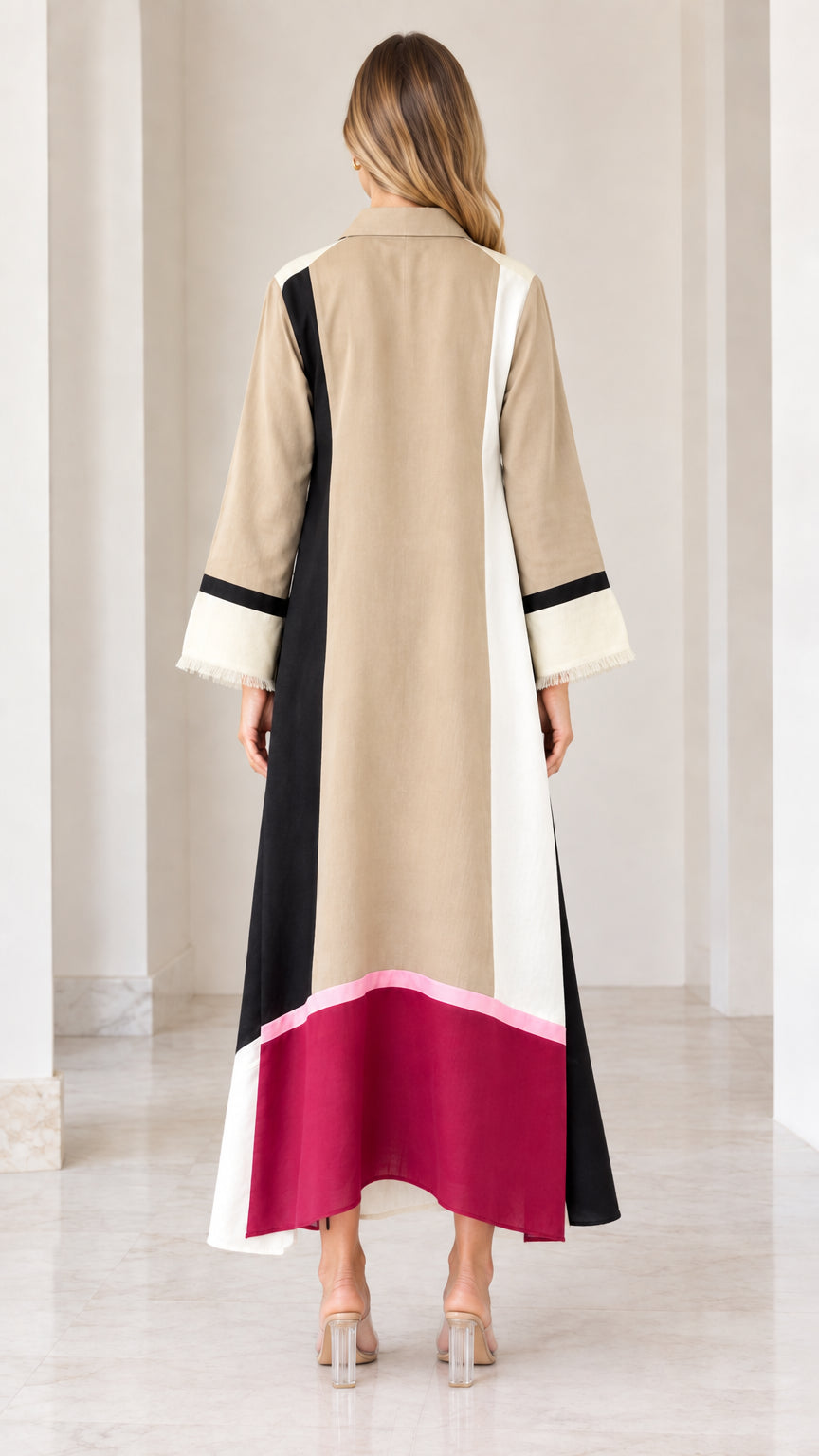Back view of model showing Khaki and contrast color block maxi dress panels