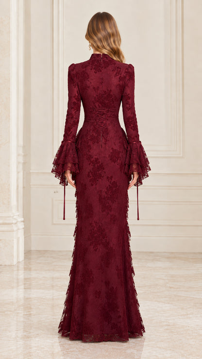 Back view of burgundy lace maxi dress showing lace-up corset detail
