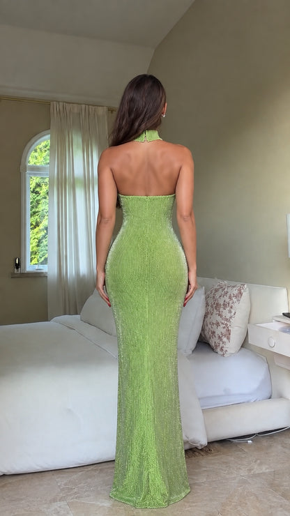 Back view of Lime Green open back rhinestone bodycon evening dress