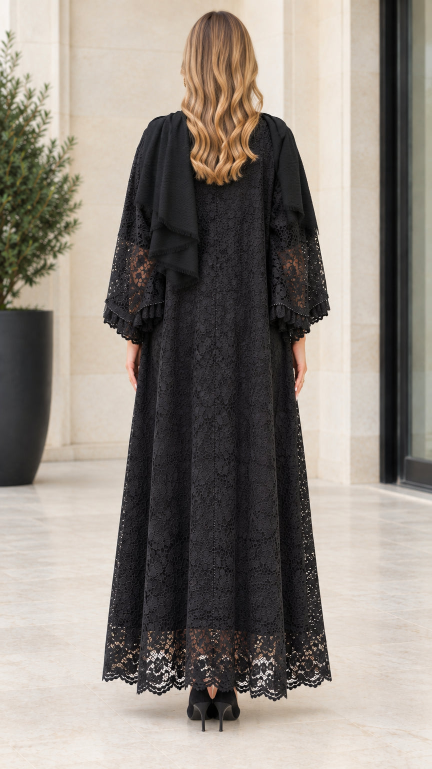 Back full-length view of black floral lace modest cardigan dress