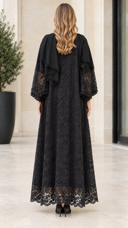 Back full-length view of black floral lace modest cardigan dress