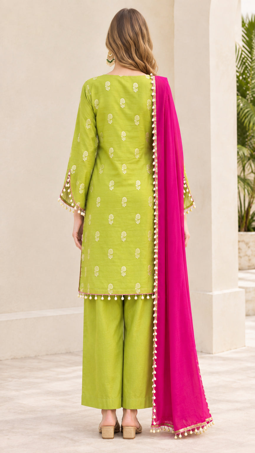 Back view of lime green embroidered ethnic suit set with matching pants