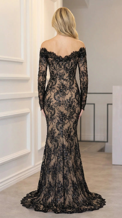 Back view of off-the-shoulder sequin lace evening gown