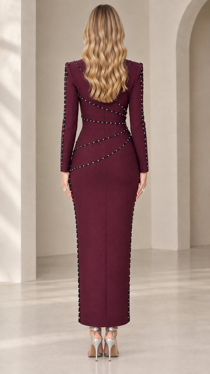 Back view of burgundy long sleeve column formal dress
