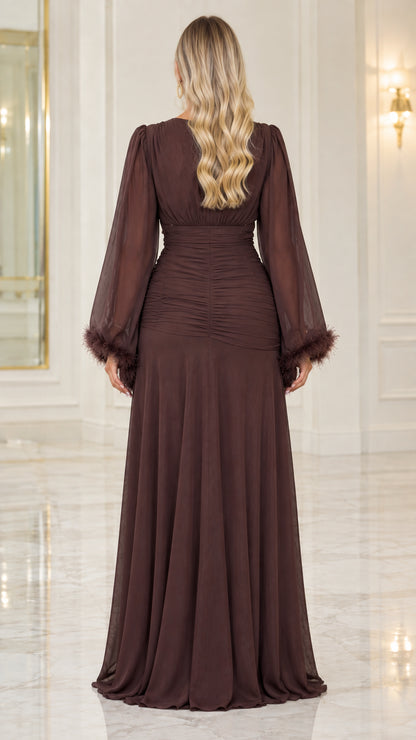 Back view of model wearing Chocolate Brown ruched maxi evening gown