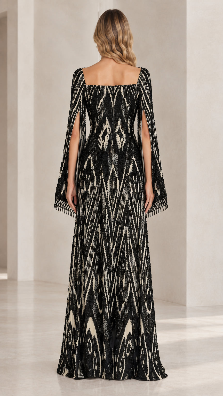 Black sequin cape sleeve evening dress back view