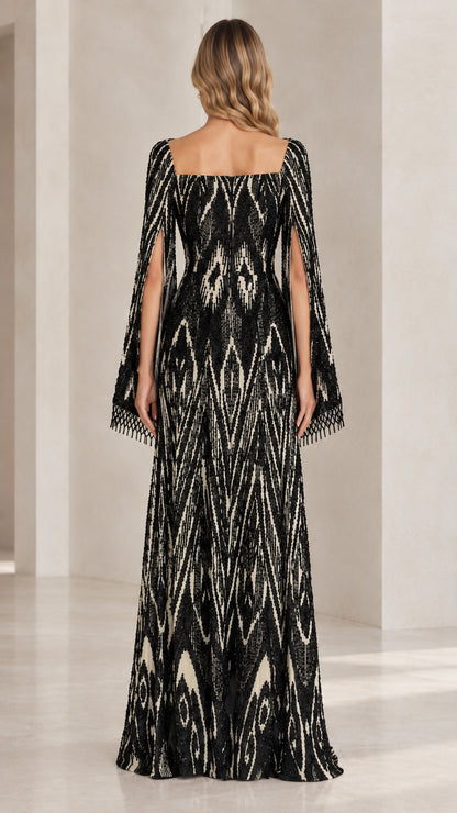 Black sequin cape sleeve evening dress back view