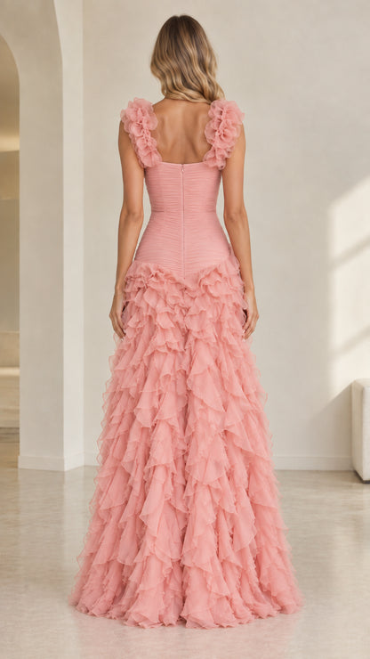 Back view of dusty pink evening gown showing fitted ruched back and zipper