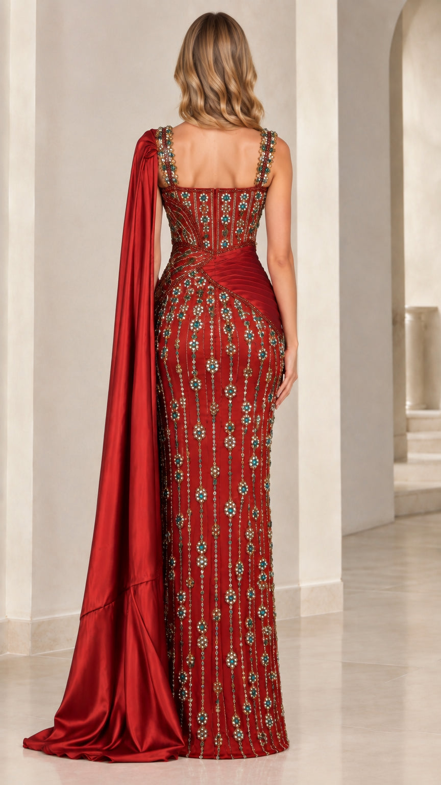 Back view of burgundy beaded evening gown showing flowing satin cape