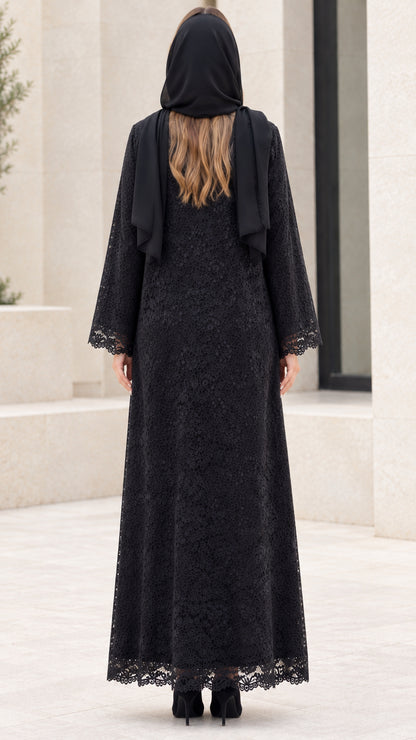 Back full view of women's black long sleeve lace abaya