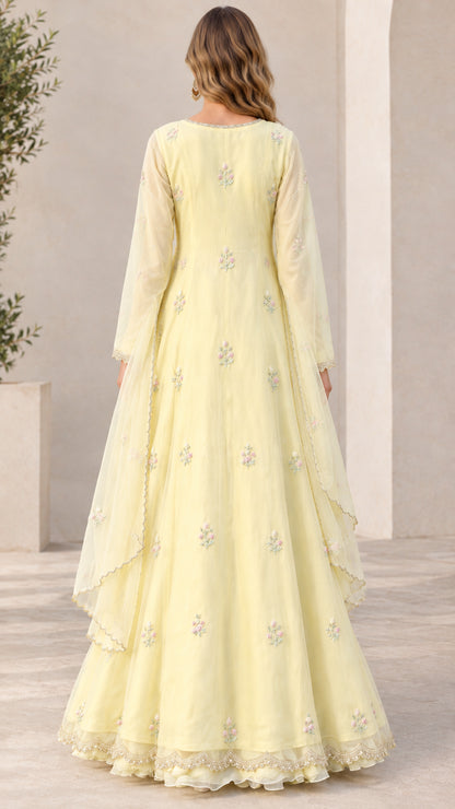 Back view of model wearing pastel yellow long sleeve embroidered gown and scarf
