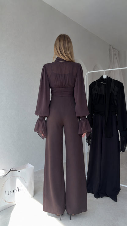 Back view of model wearing Chocolate Brown high-waist wide-leg jumpsuit