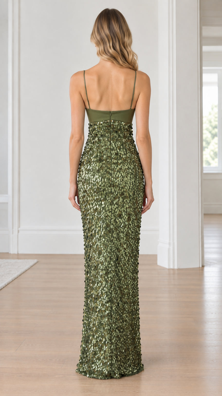 Back view of model showcasing the straight back and sequin maxi skirt in olive green
