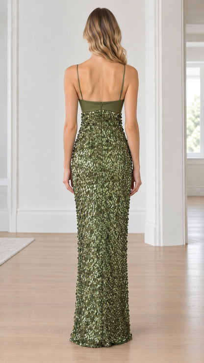 Back view of model showcasing the straight back and sequin maxi skirt in olive green