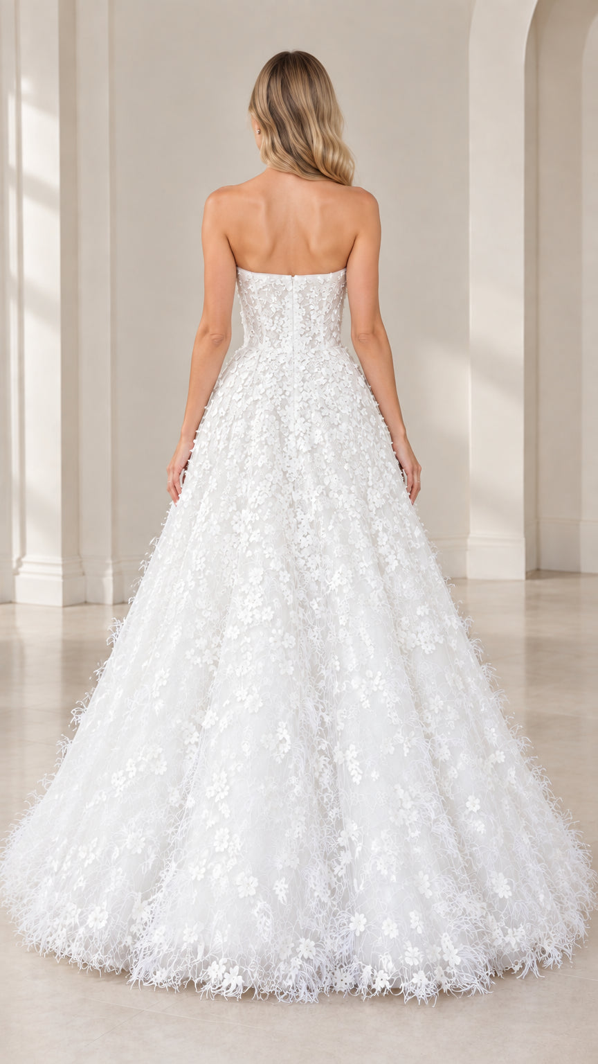 Back view of strapless white floral applique formal ball gown