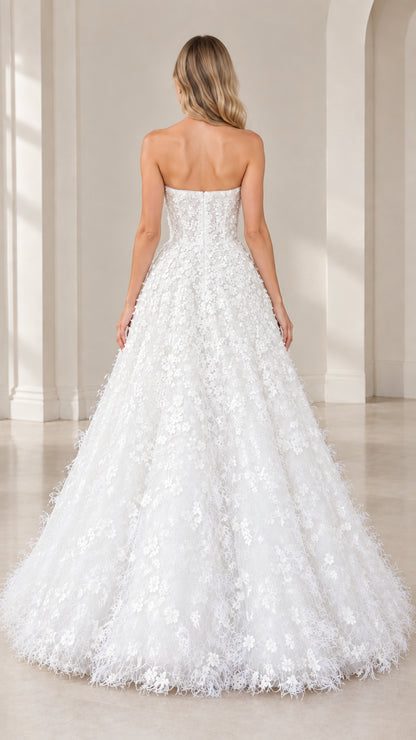 Back view of strapless white floral applique formal ball gown