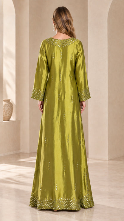 Back view of model wearing the olive green satin evening dress