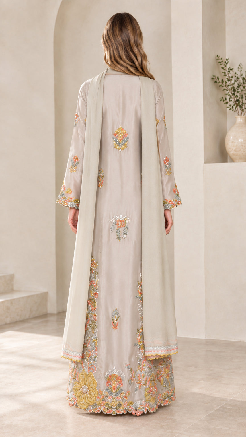 Silver grey modest embroidered long dress back view with scarf drape