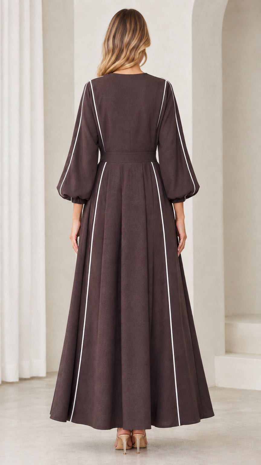 Back view of Coffee Brown maxi dress showing contrast white piping details