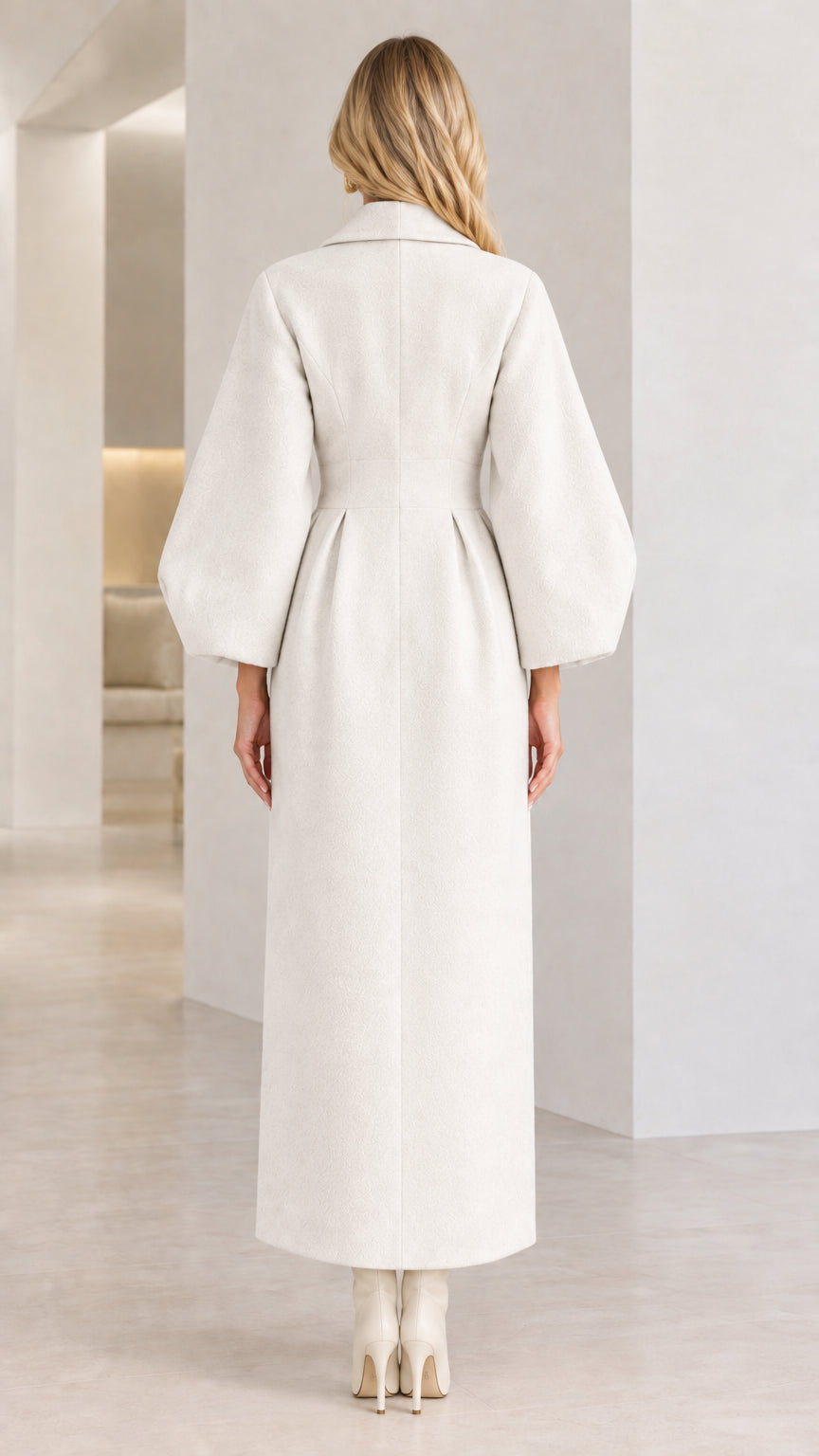 Back view of Off White structured maxi overcoat showing waist tailoring