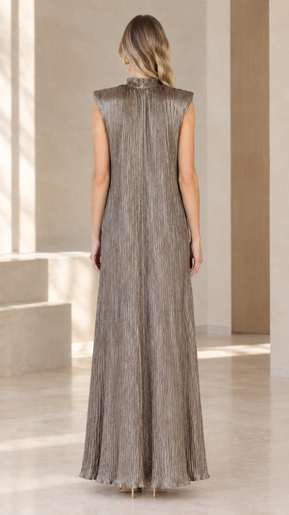 Back view of the taupe sleeveless pleated maxi dress