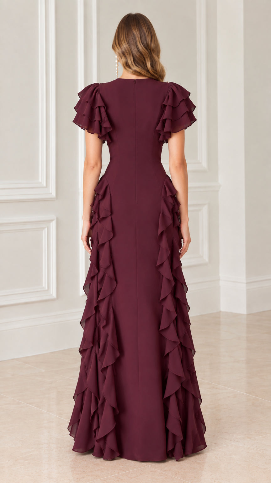 Back view of model in burgundy formal gown showing discreet back zipper closure