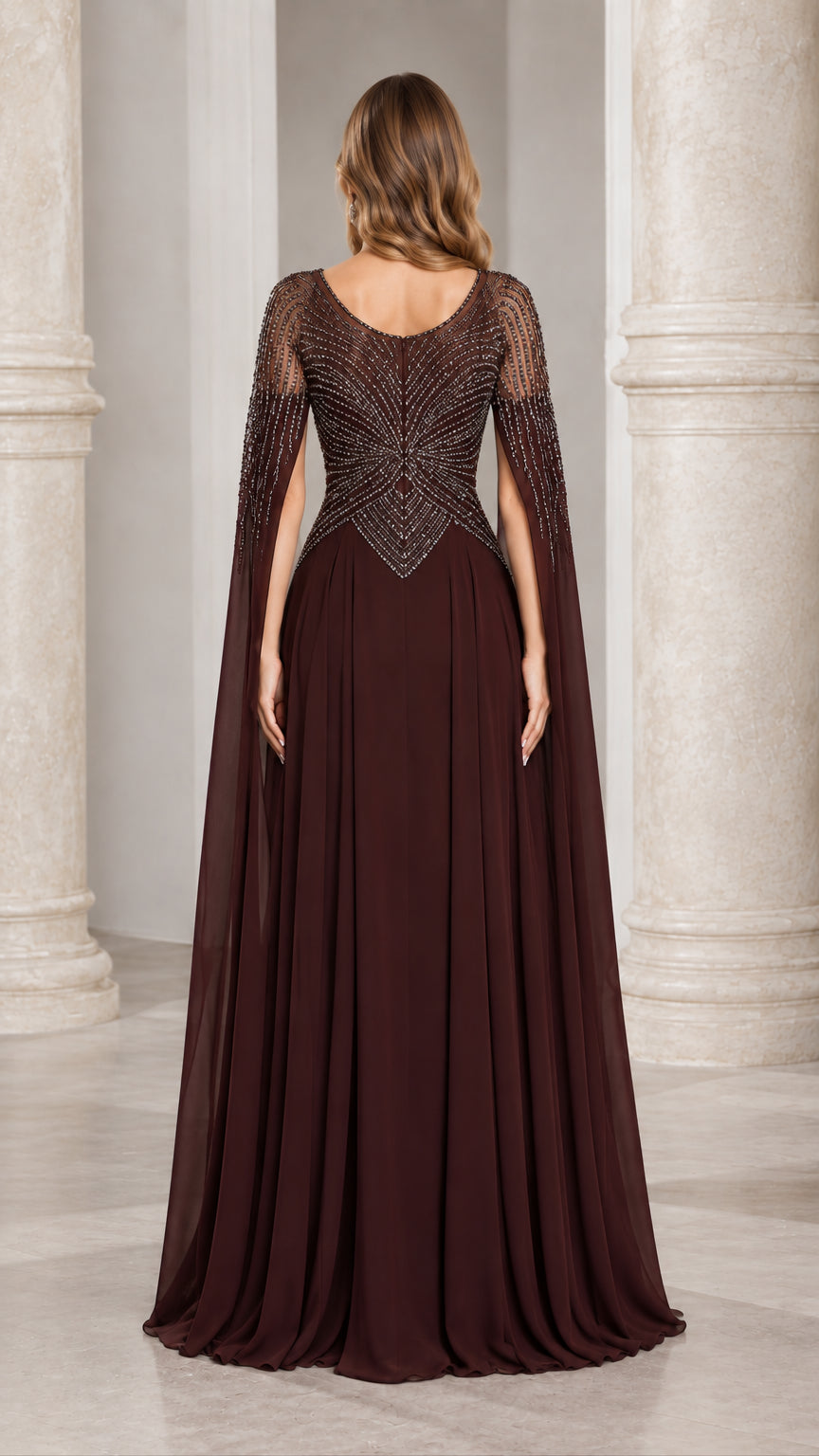 Back view of chocolate brown beaded formal gown with sweeping cape