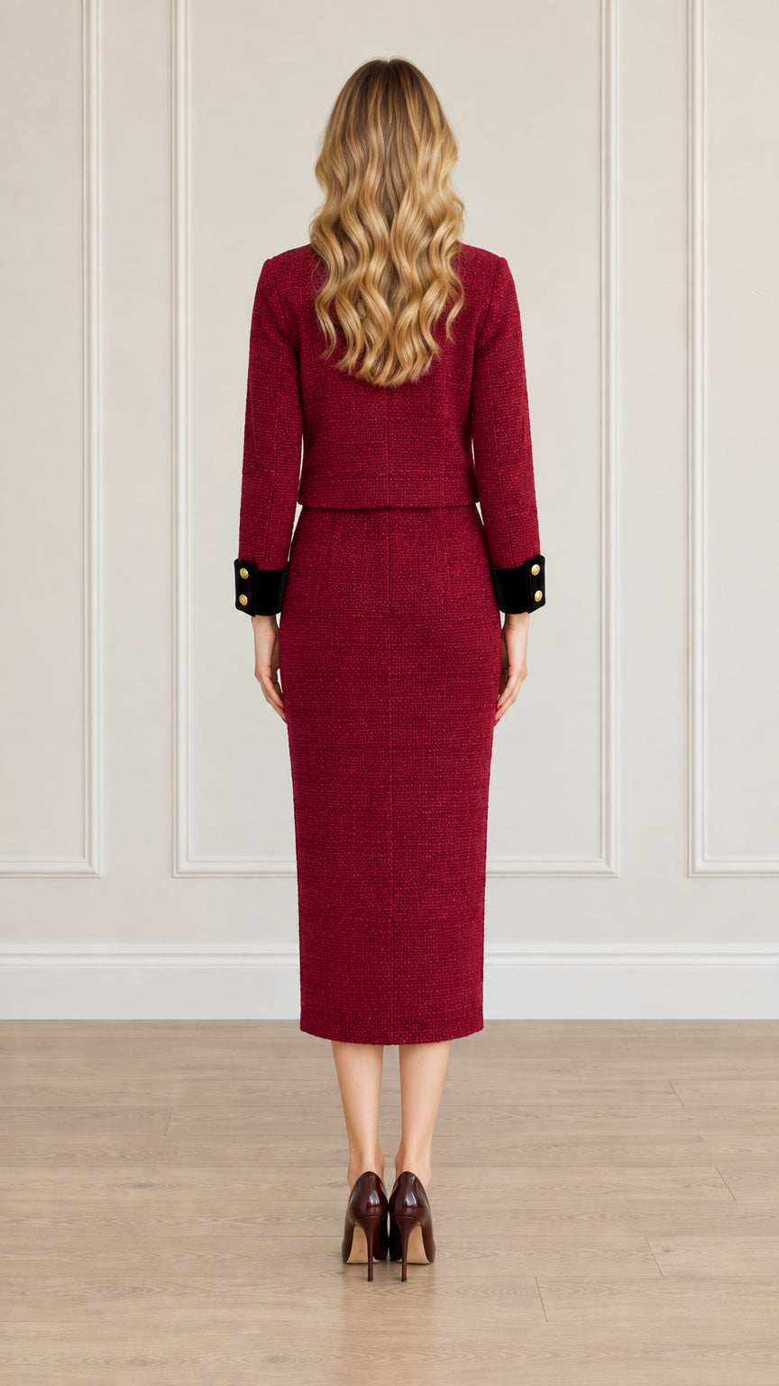Back view of model showing the clean tailored fit of burgundy tweed skirt suit set
