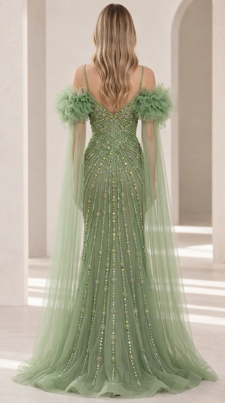 Back view of sage green beaded formal maxi dress featuring V-back and cape accents