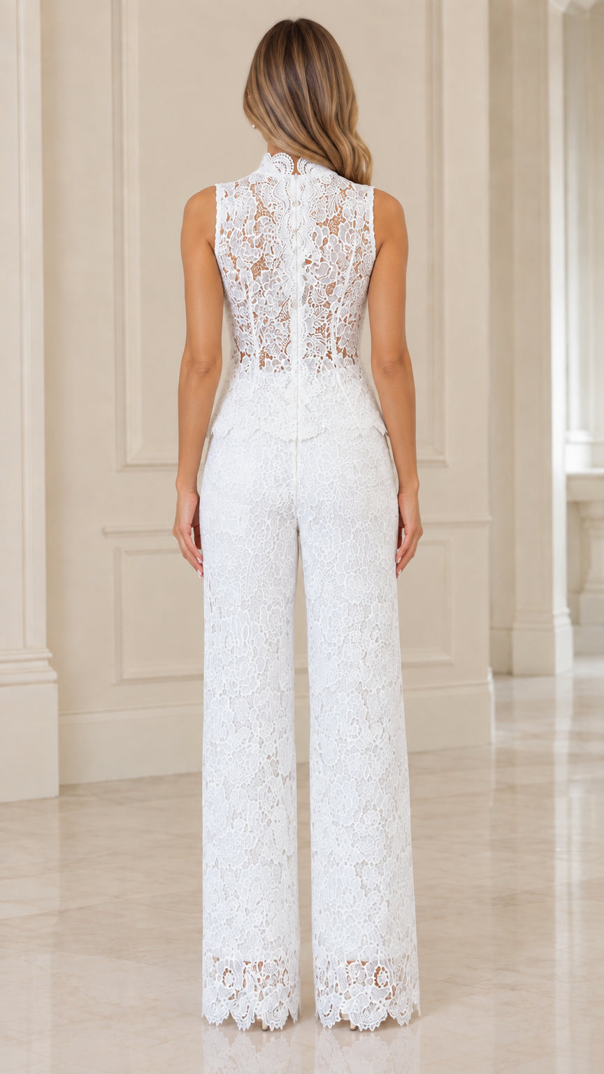 Back view of white lace sleeveless pants set with illusion lace details