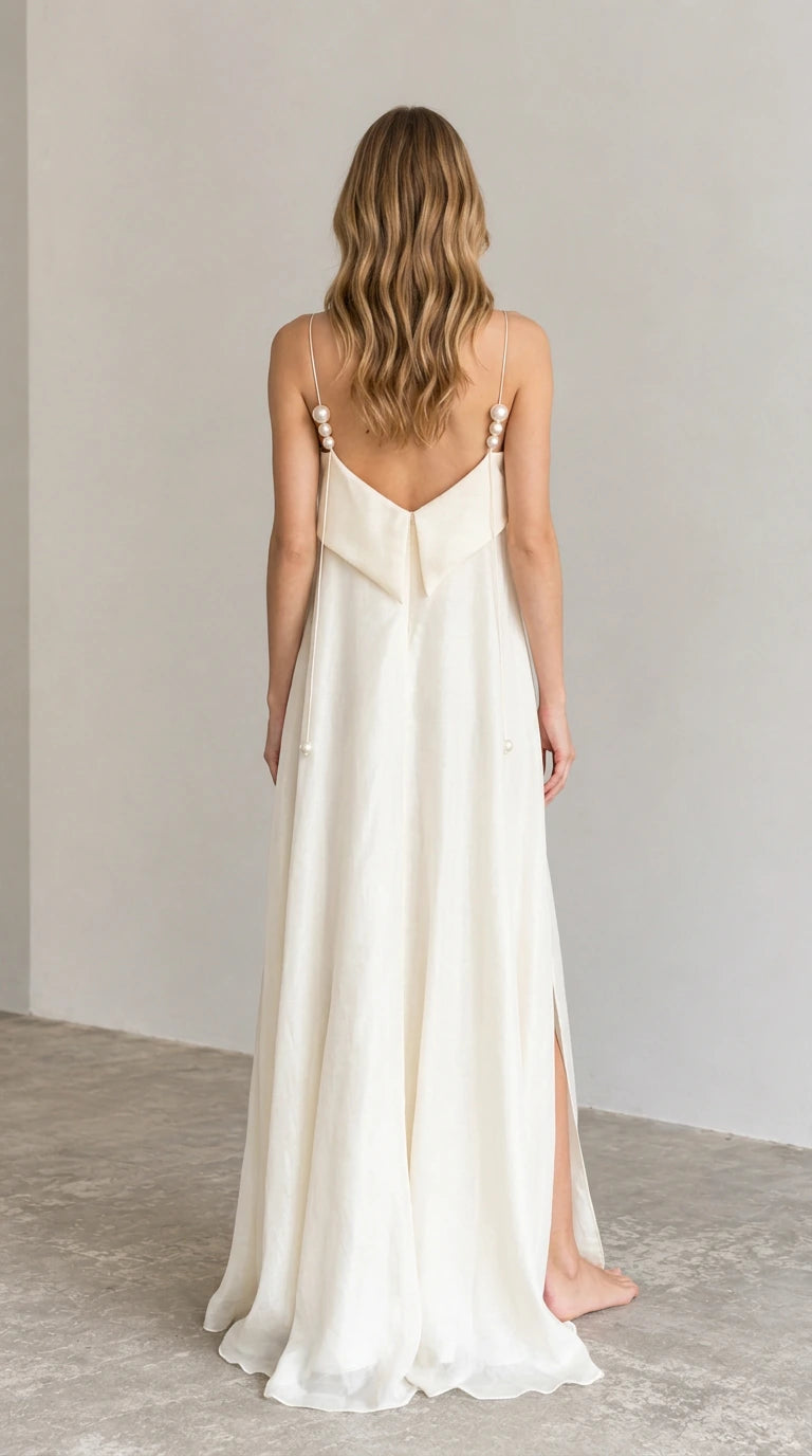 Ivory backless pearl strap gown back view
